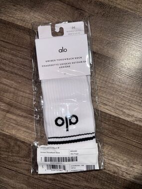 ALO Yoga White Athletic Crew Socks with Black Logo and Stripes